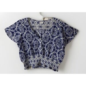 Patrons Of Peace Blue Floral Chiffon Cropped Smocked Blouse Women's Size Large